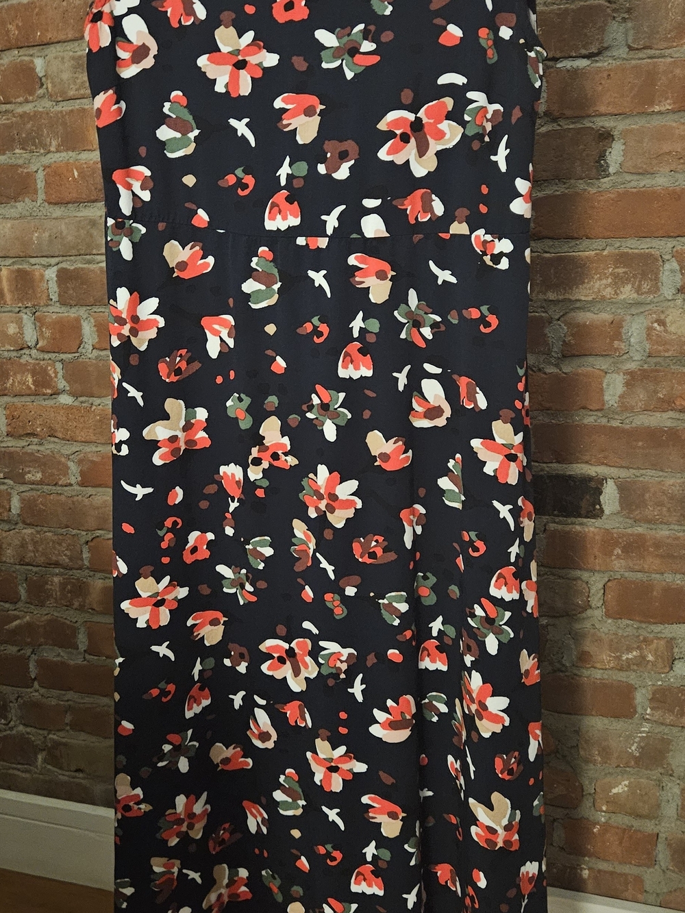 Monoprix Femme Navy Floral Flowy  Maxi Dress with Red & Cream Accents